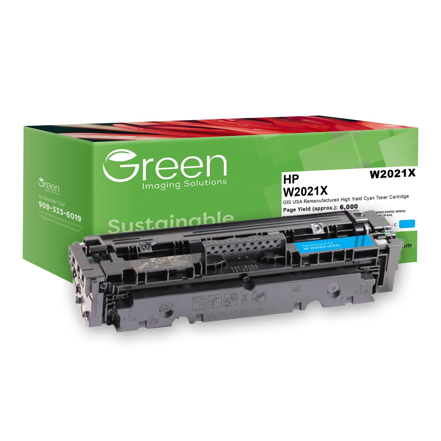 Green Imaging Solutions USA Remanufactured High Yield Cyan Toner Cartridge (New Chip) for HP 414X (W2021X)