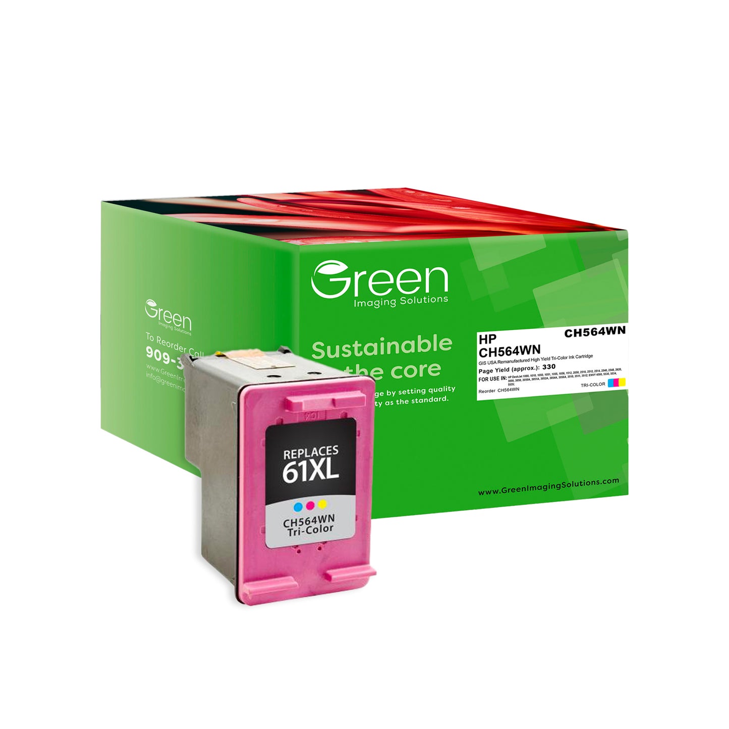 Green Imaging Solutions USA Remanufactured High Yield Tri-Color Ink Cartridge for HP 61XL (CH564WN)