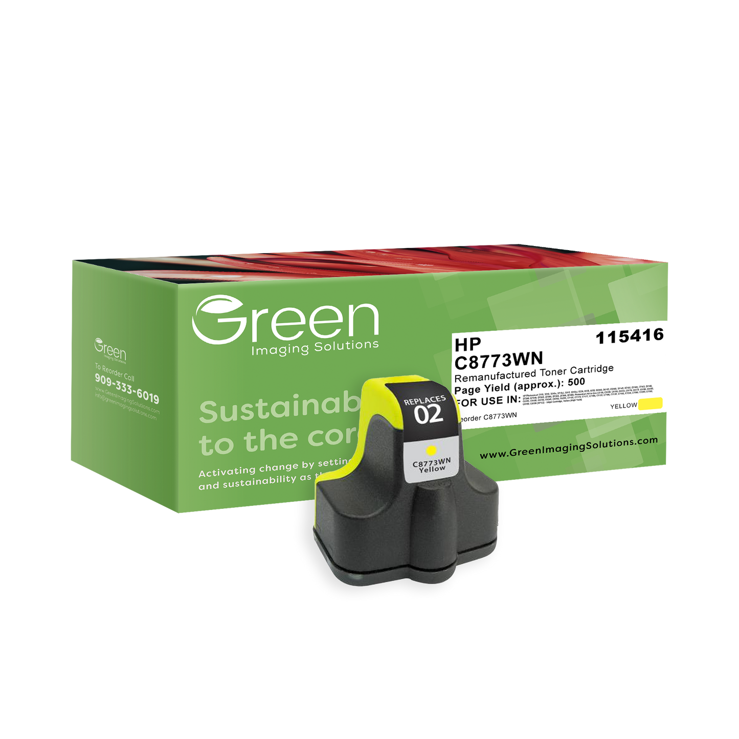 Green Imaging Solutions USA Remanufactured High Yield Yellow Ink Cartridge for HP 02 (C8773WN)