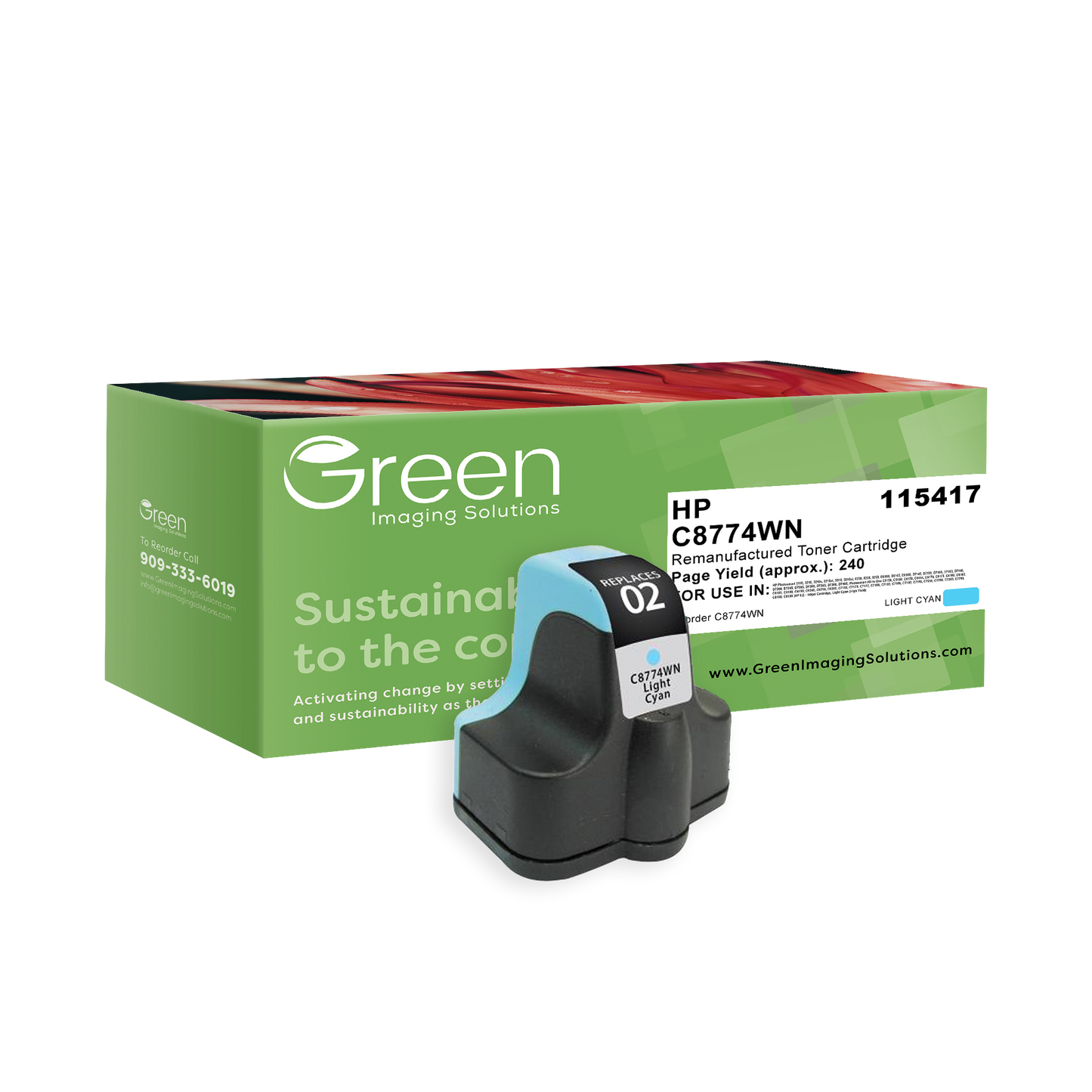 Green Imaging Solutions USA Remanufactured High Yield Light Cyan Ink Cartridge for HP 02 (C8774WN)