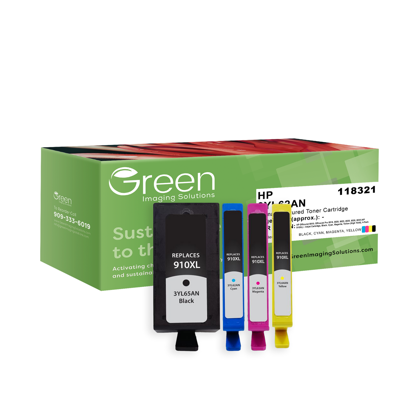 Green Imaging Solutions Remanufactured High Yield Black, Cyan, Magenta, Yellow Ink Cartridges for HP 910XL 4-Pack