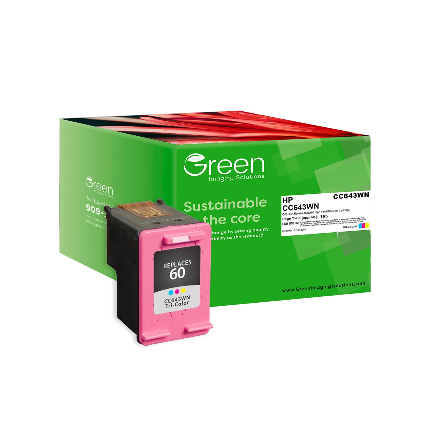 Green Imaging Solutions USA Remanufactured Tri-Color Ink Cartridge for HP 60 (CC643WN)