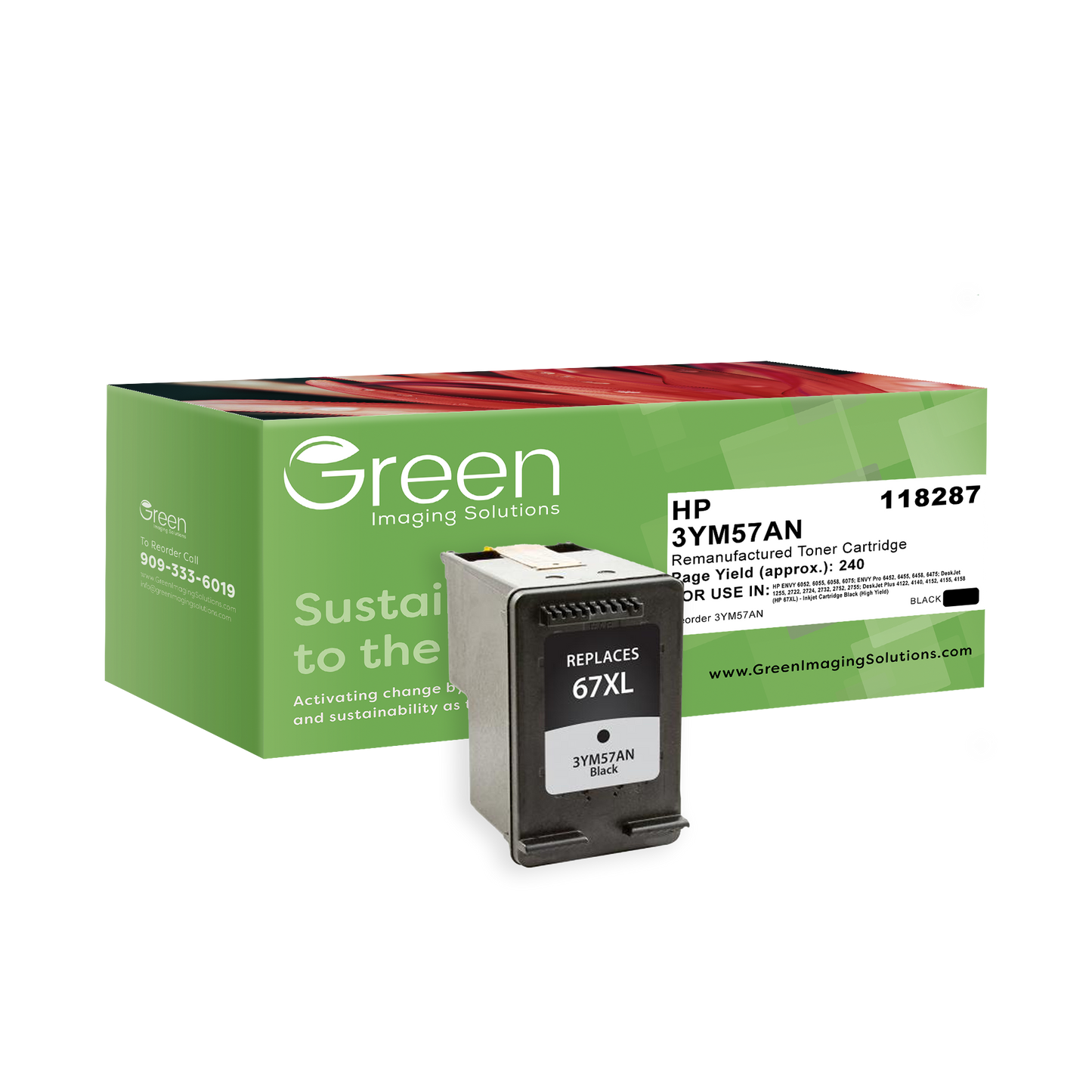 Green Imaging Solutions USA Remanufactured High Yield Black Ink Cartridge for HP 67XL (3YM57AN)