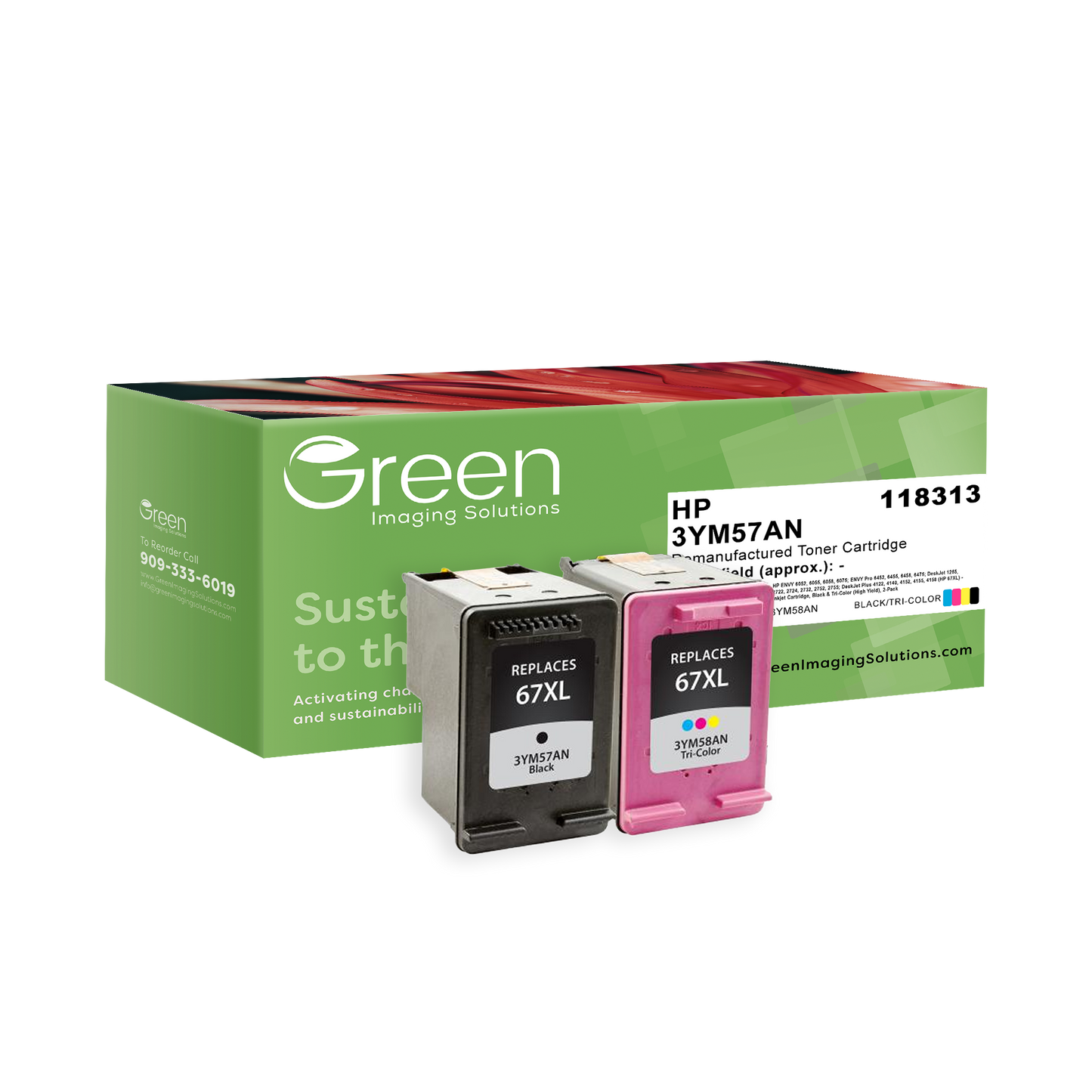 Green Imaging Solutions USA Remanufactured High Yield Black, Tri-Color Ink Cartridges for HP 67XL 2-Pack
