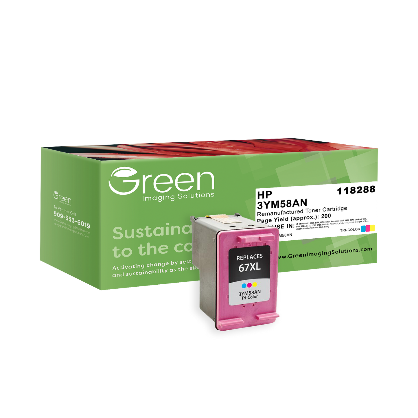 Green Imaging Solutions USA Remanufactured High Yield Tri-Color Ink Cartridge for HP 67XL (3YM58AN)