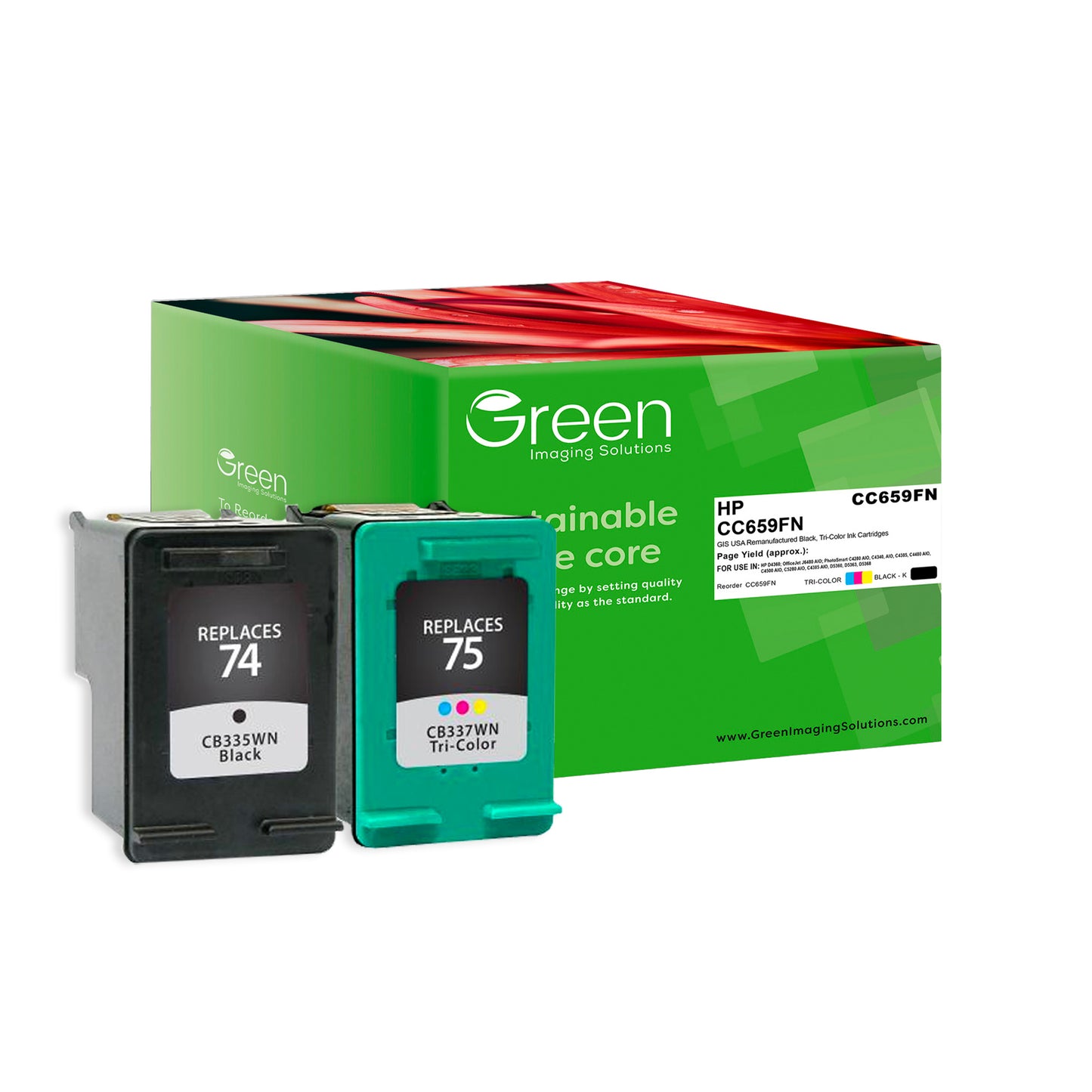 Green Imaging Solutions USA Remanufactured Black, Tri-Color Ink Cartridges for HP 74/75 (CC659FN)