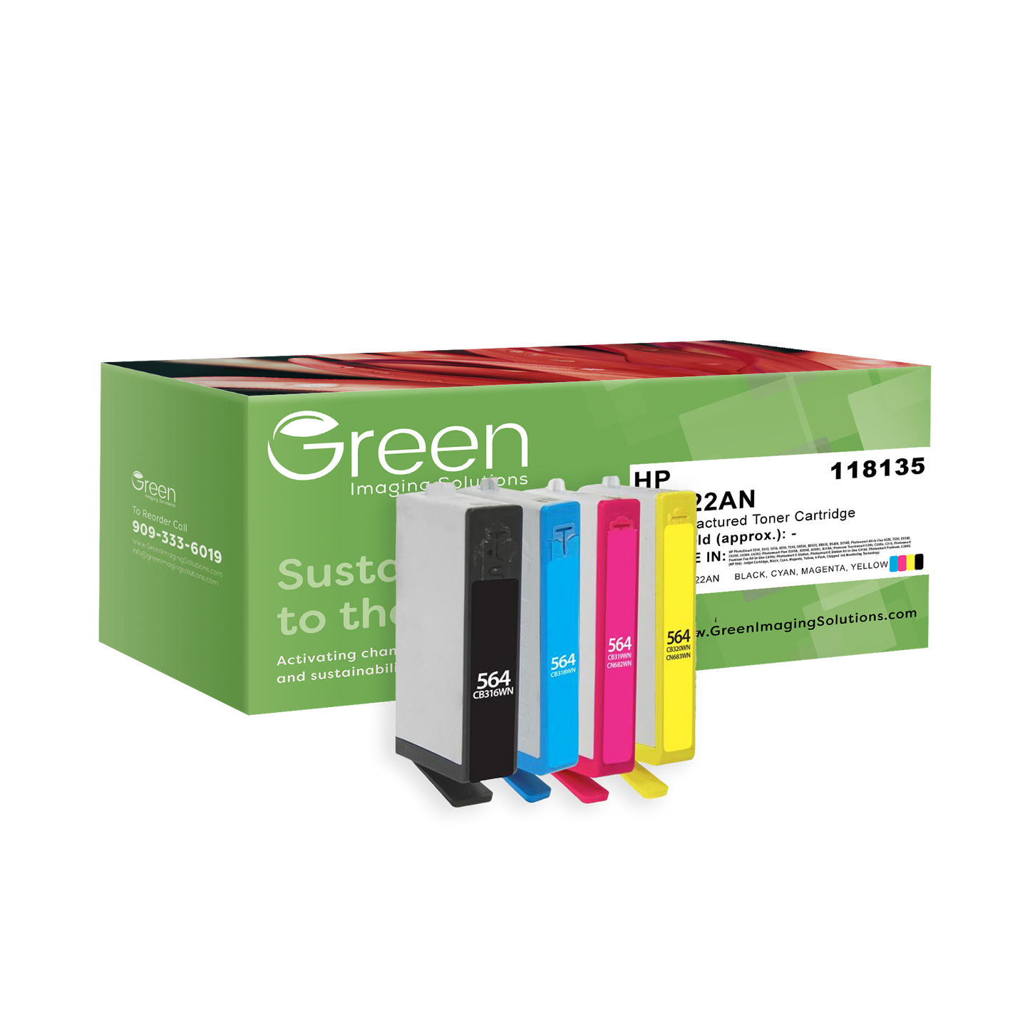 Green Imaging Solutions USA Remanufactured Black, Cyan, Magenta, Yellow Ink Cartridges for HP 564 (3YQ22AN) 4-Pack