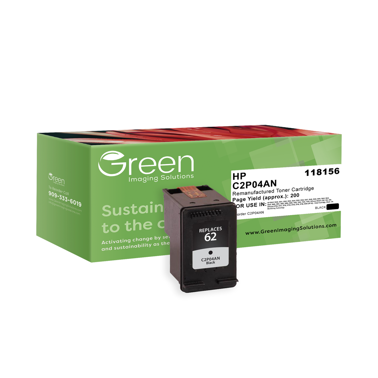 Green Imaging Solutions USA Remanufactured Black Ink Cartridge for HP 62 (C2P04AN)