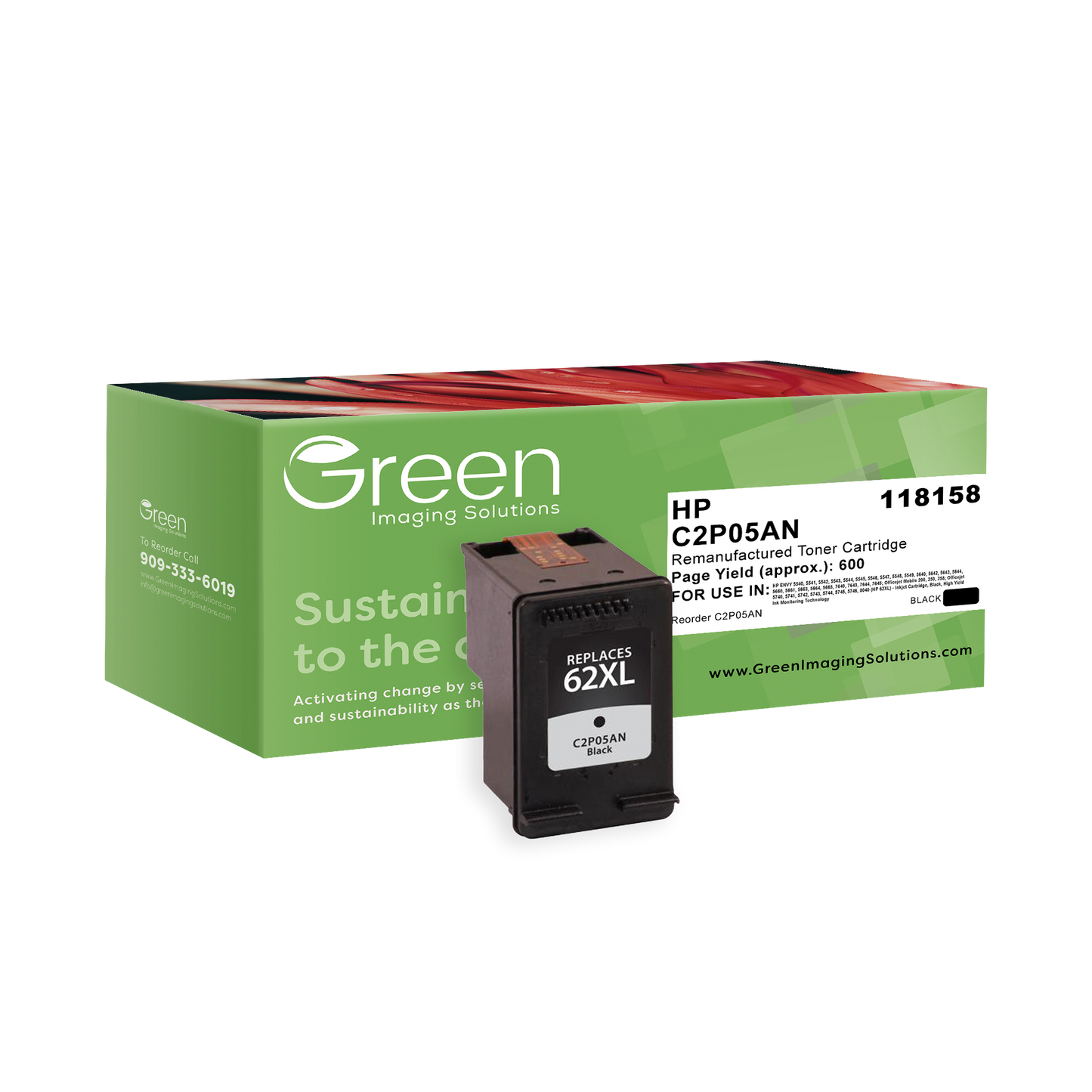 Green Imaging Solutions USA Remanufactured High Yield Black Ink Cartridge for HP 62XL (C2P05AN)