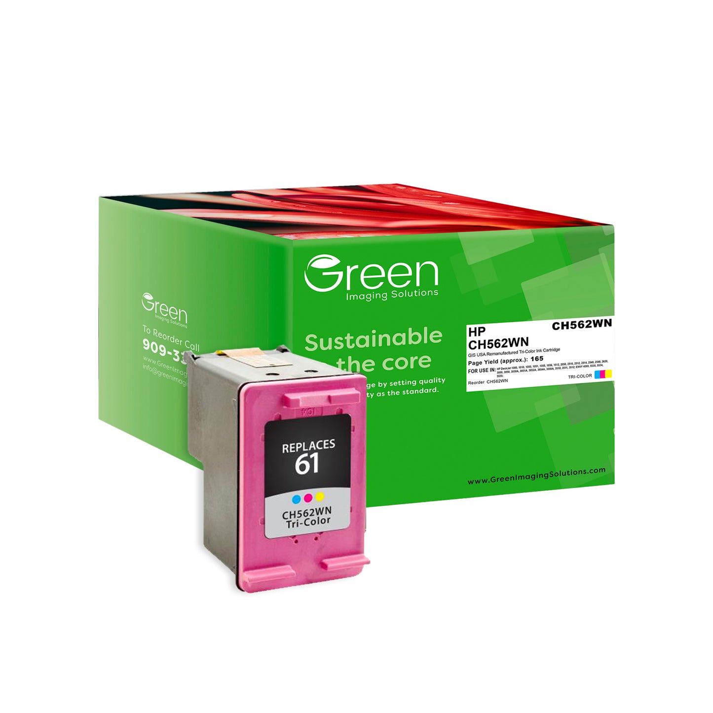 Green Imaging Solutions USA Remanufactured Tri-Color Ink Cartridge for HP 61 (CH562WN)