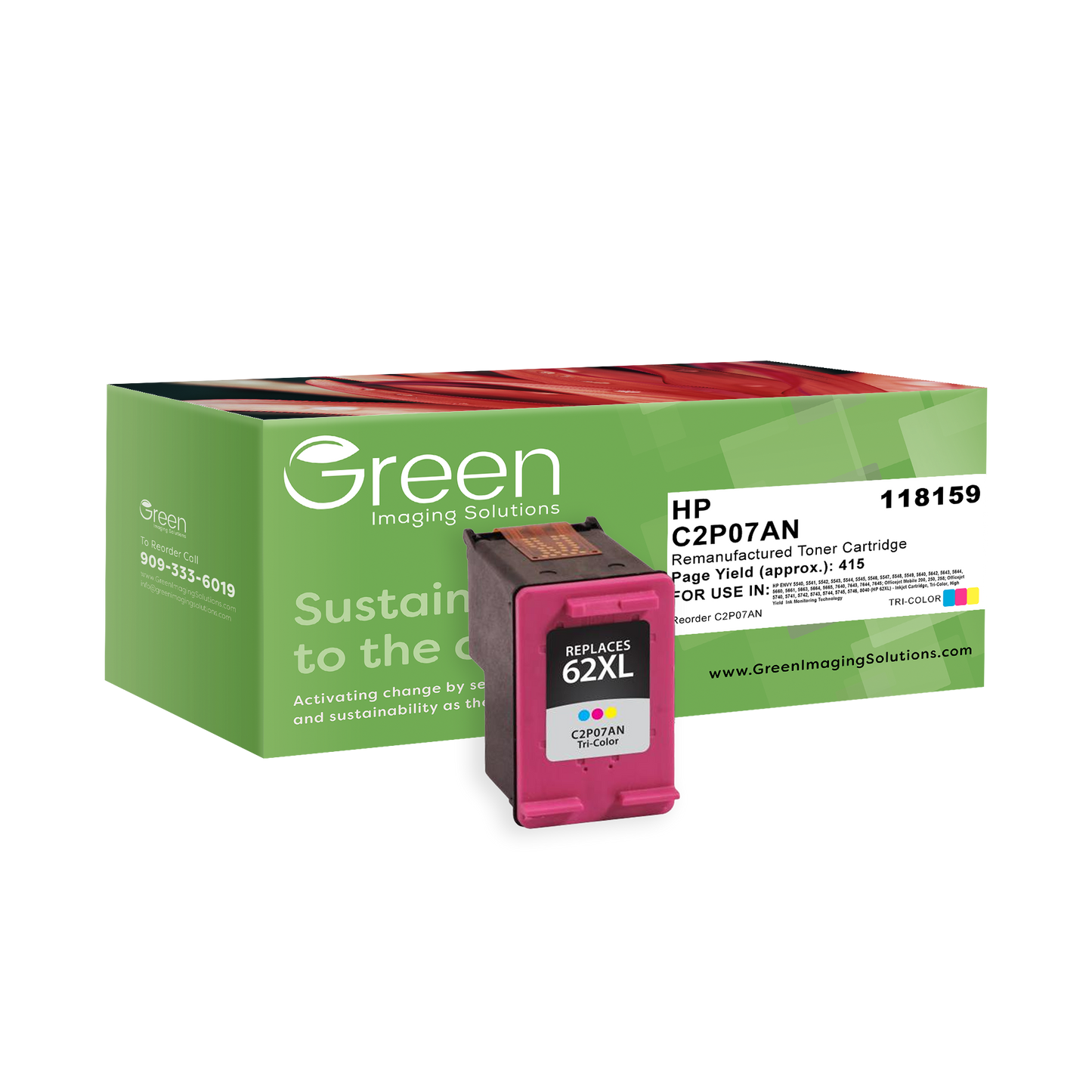 Green Imaging Solutions USA Remanufactured High Yield Tri-Color Ink Cartridge for HP 62XL (C2P07AN)