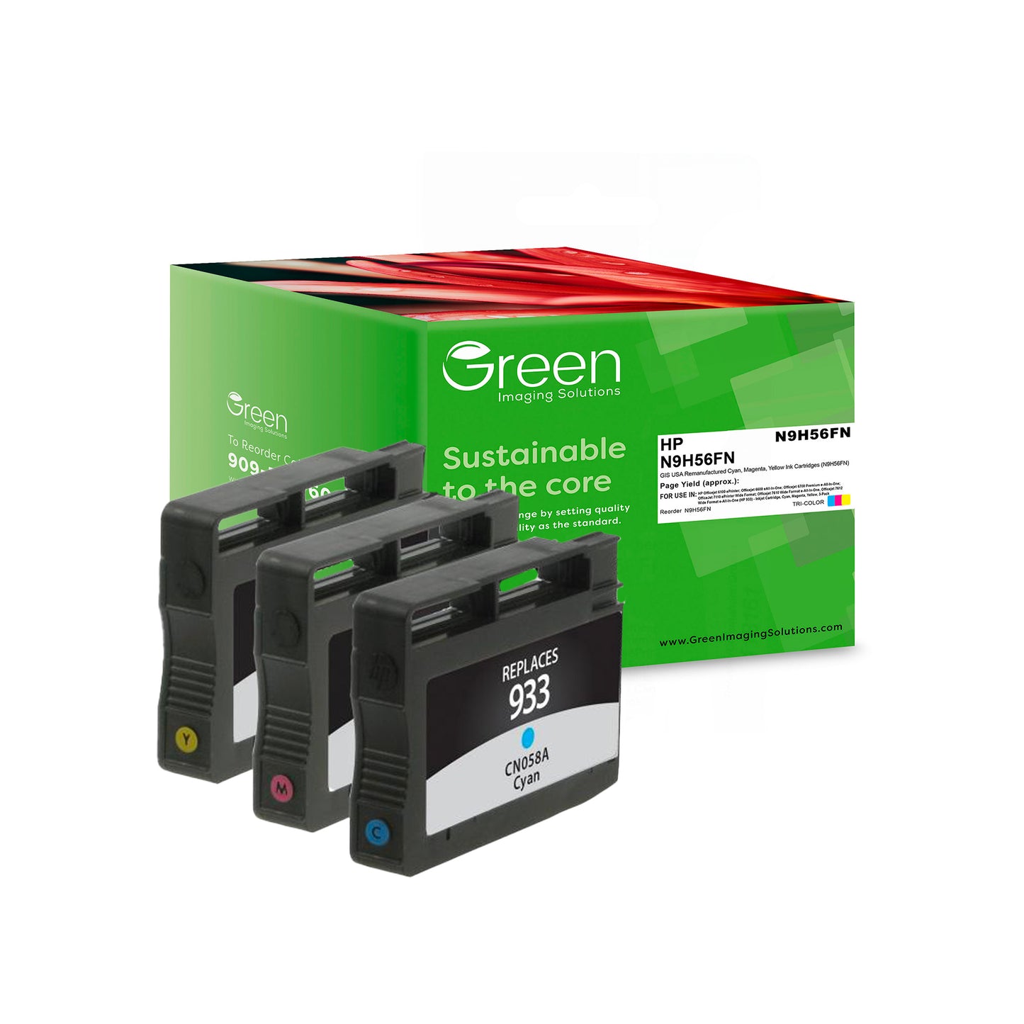 Green Imaging Solutions USA Remanufactured Cyan, Magenta, Yellow Ink Cartridges for HP 933 (N9H56FN) 3-Pack