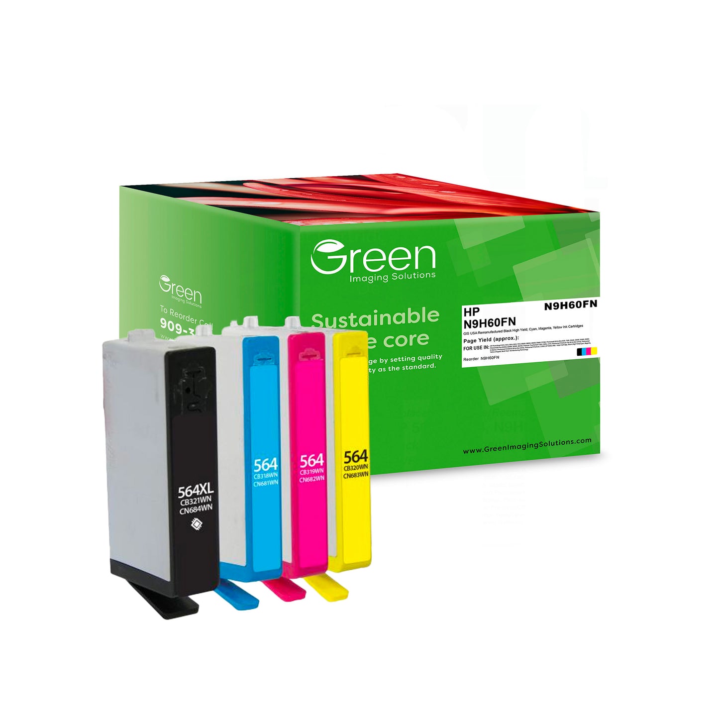 Green Imaging Solutions USA Remanufactured Black High Yield, Cyan, Magenta, Yellow Ink Cartridges for HP 564XL/564 (N9H60FN) 4-Pack