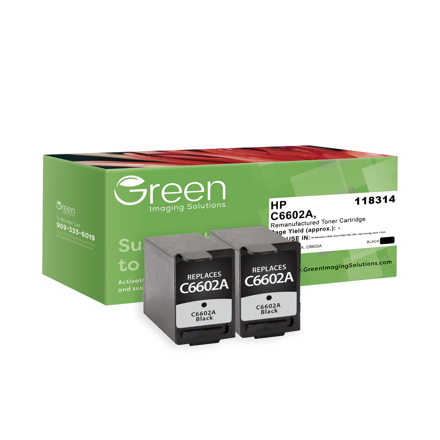 Green Imaging Solutions USA Remanufactured Black Ink Cartridges for HP C6602A 2-Pack