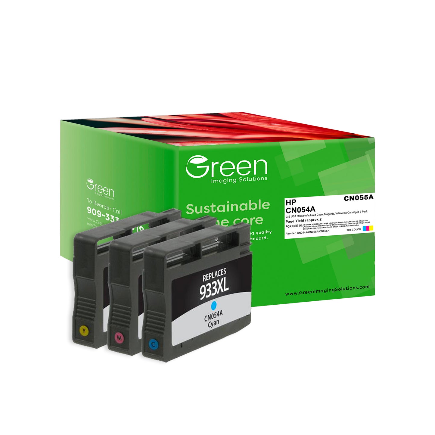 Green Imaging Solutions USA Remanufactured Cyan, Magenta, Yellow Ink Cartridges for HP 933XL 3-Pack