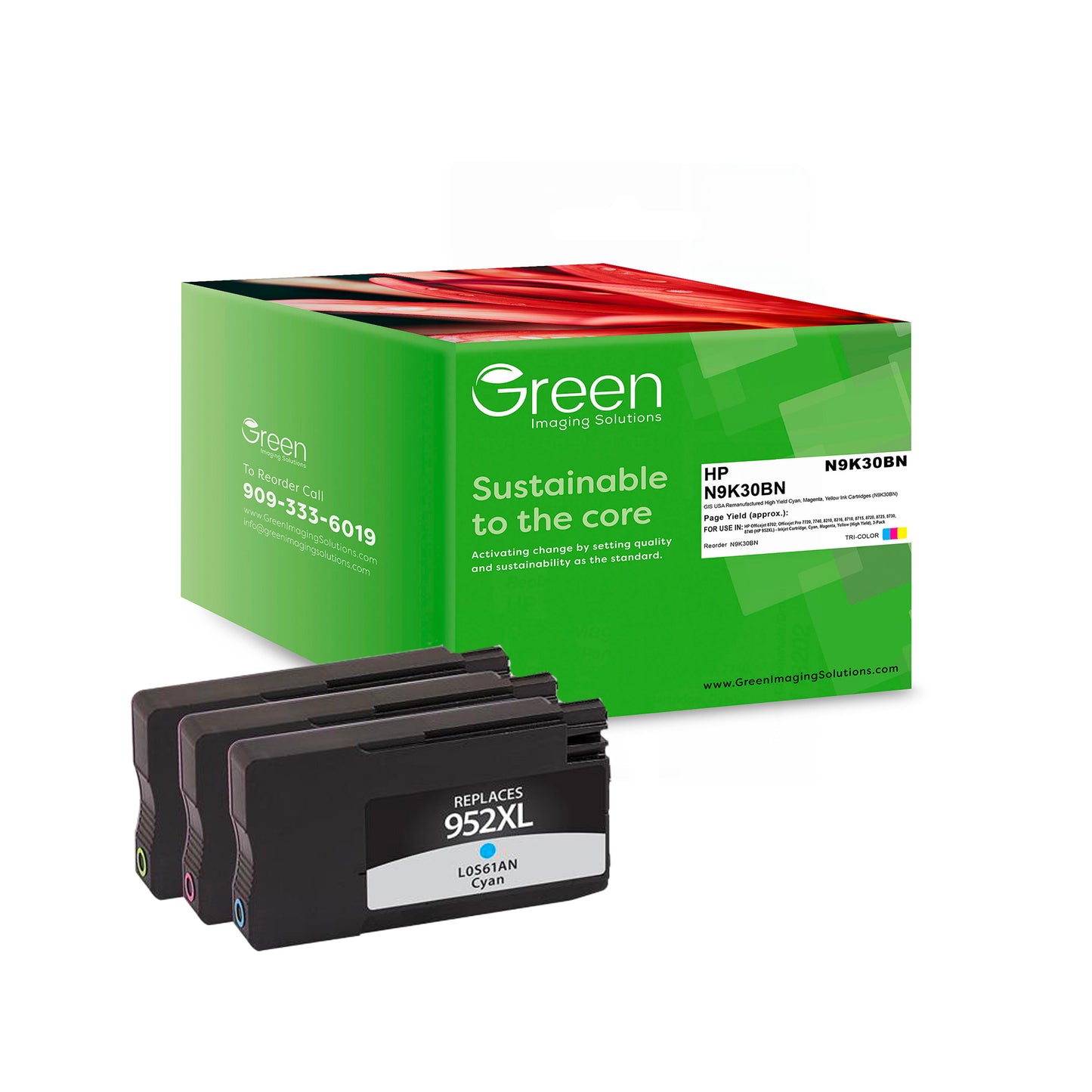 Green Imaging Solutions USA Remanufactured High Yield Cyan, Magenta, Yellow Ink Cartridges for HP 952XL (N9K30BN) 3-Pack