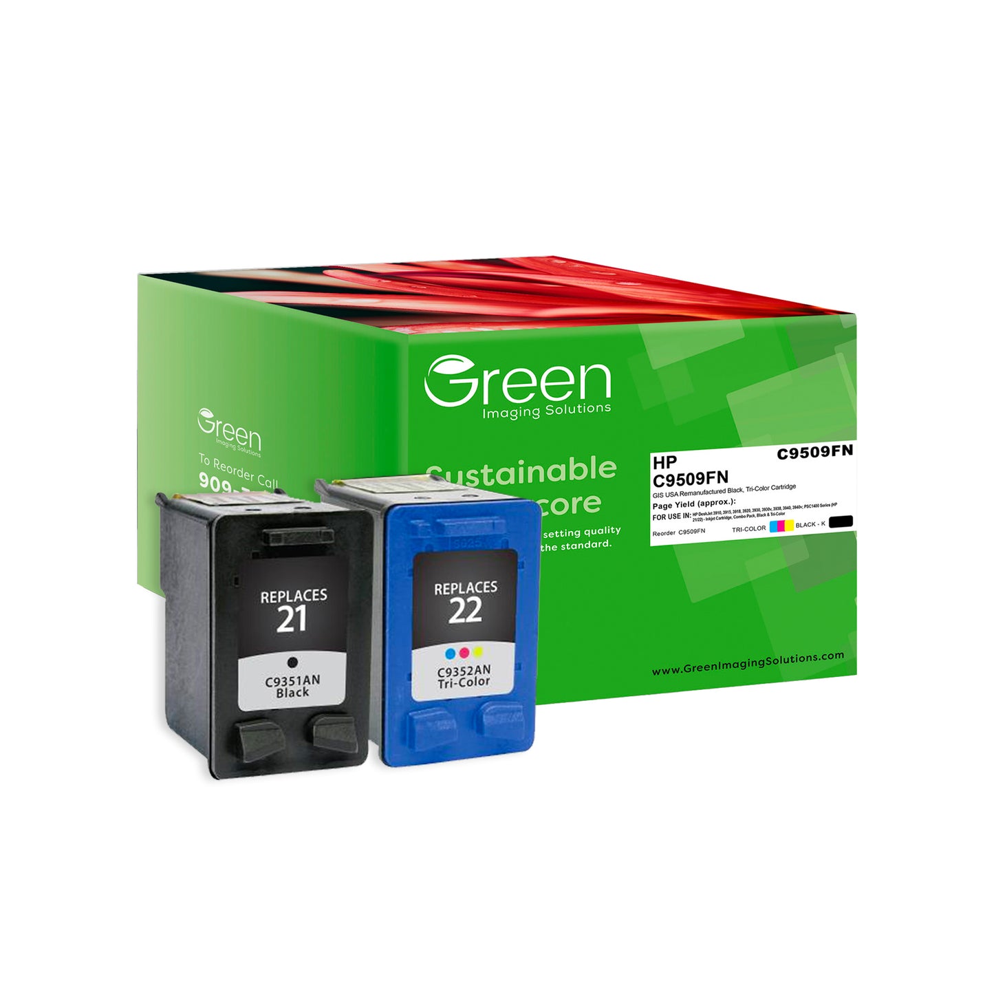 Green Imaging Solutions USA Remanufactured Black, Tri-Color Ink Cartridges for HP 21/22 (C9509FN)