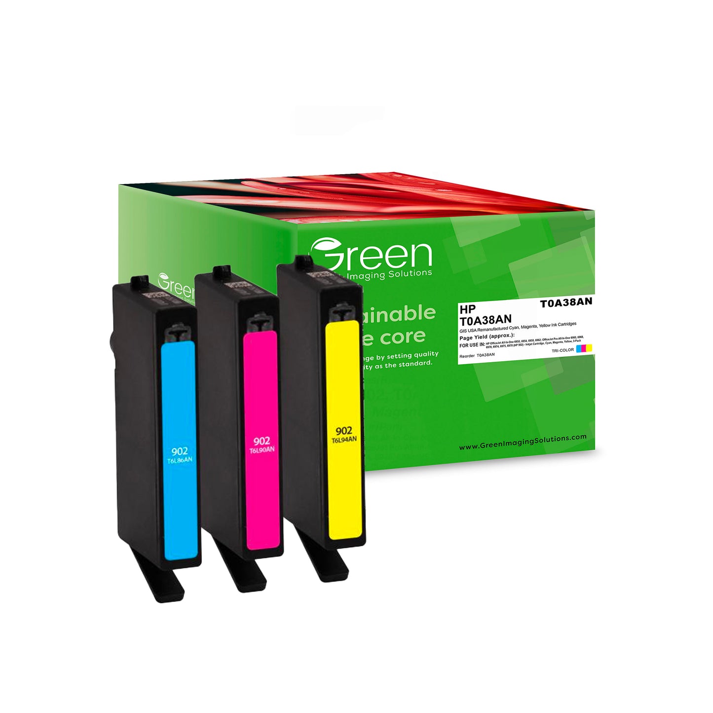 Green Imaging Solutions USA Remanufactured Cyan, Magenta, Yellow Ink Cartridges for HP 902 (T0A38AN) 3-Pack