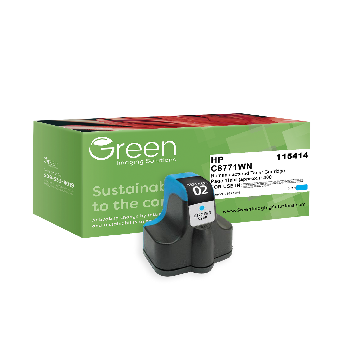 Green Imaging Solutions USA Remanufactured High Yield Cyan Ink Cartridge for HP 02 (C8771WN)