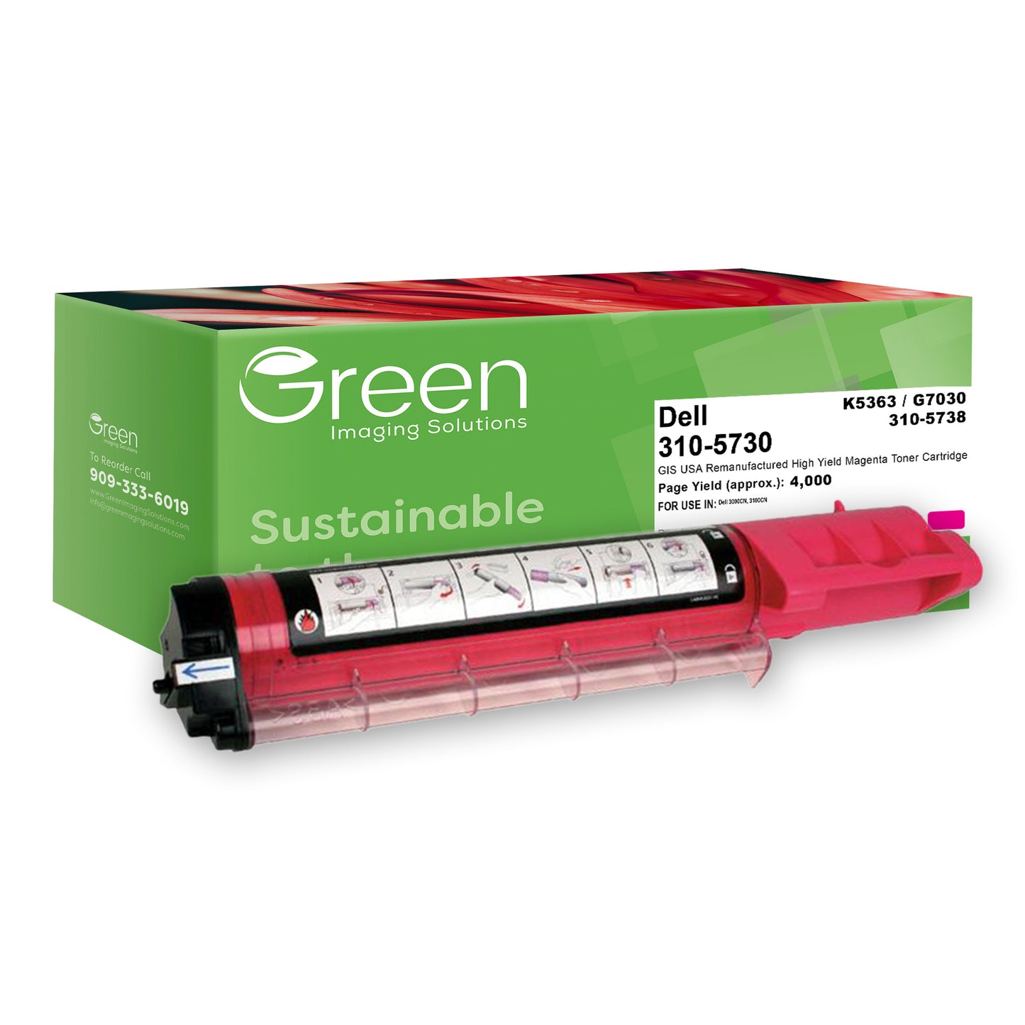 Green Imaging Solutions USA Remanufactured Non-OEM New High Yield Magenta Toner Cartridge for Dell 3000/3100