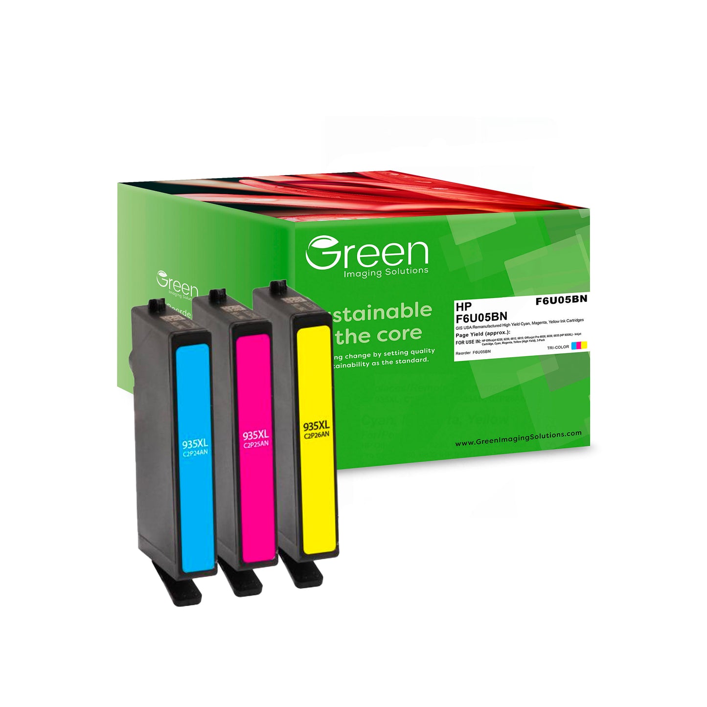 Green Imaging Solutions USA Remanufactured High Yield Cyan, Magenta, Yellow Ink Cartridges for HP 935XL (F6U05BN) 3-Pack